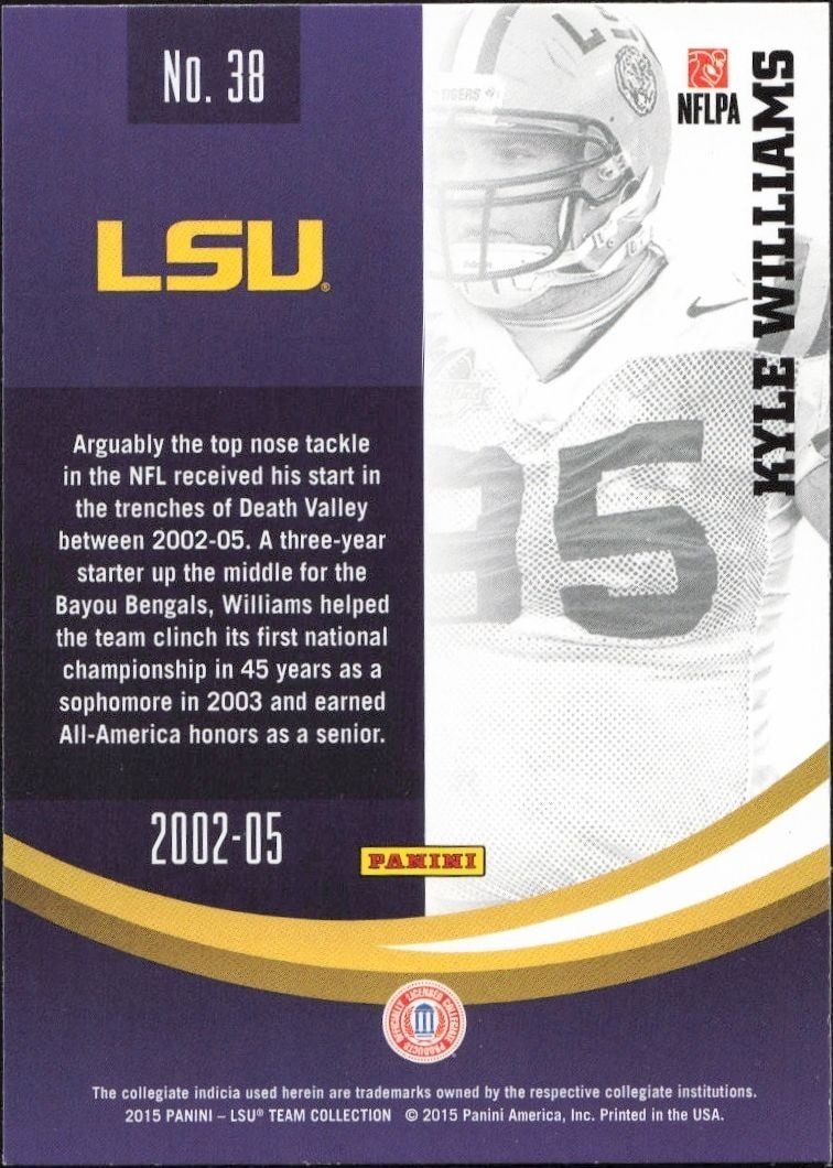 2015 Panini Lsu Team Collection Kyle Williams #38 football trading card back