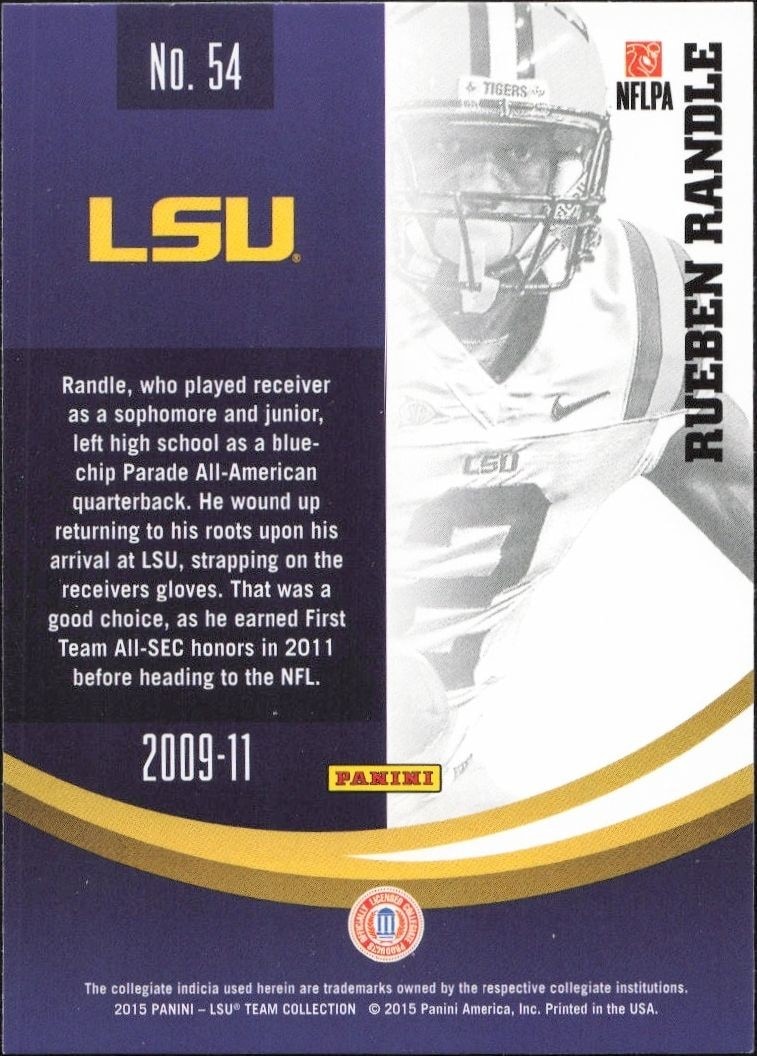 2015 Panini Lsu Team Collection Rueben Randle #54 football trading card back