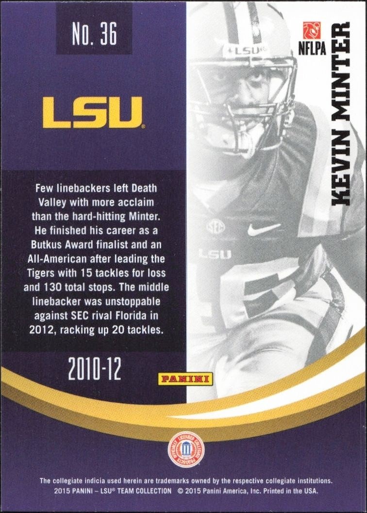 2015 Panini Lsu Team Collection Kevin Minter #36 football trading card back