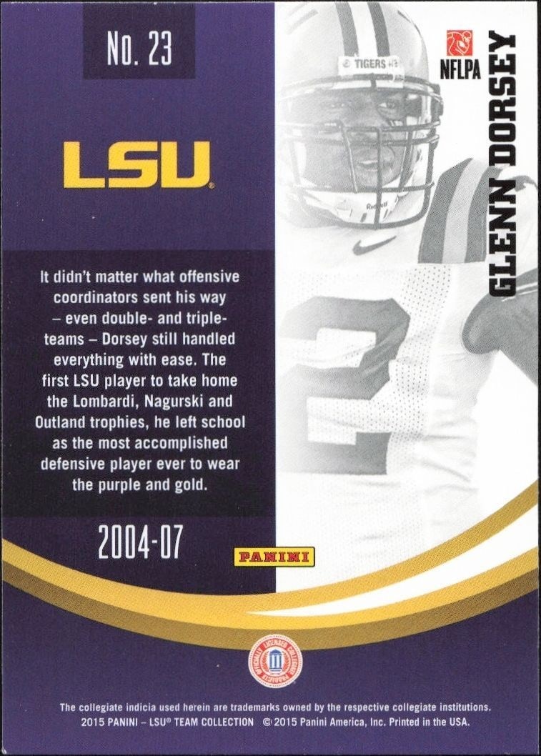 2015 Panini Lsu Team Collection Glenn Dorsey #23 football trading card back