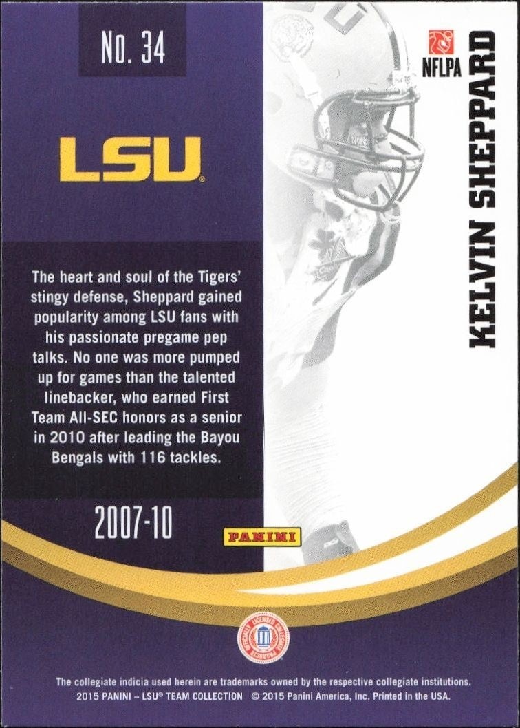 2015 Panini Lsu Team Collection Kelvin Sheppard #34 football trading card back