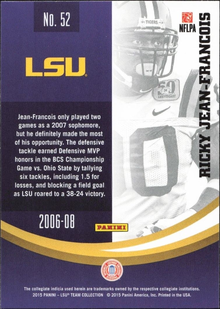2015 Panini Lsu Team Collection Ricky Jean-Francois #52 football trading card back