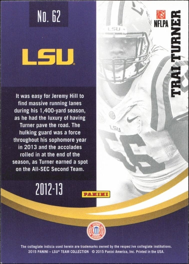 2015 Panini Lsu Team Collection Trai Turner #62 football trading card back