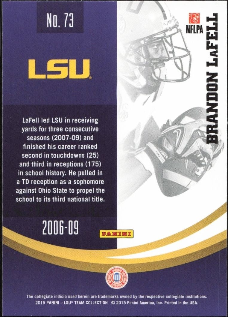 2015 Panini Lsu Team Collection Brandon LaFell #73 football trading card back