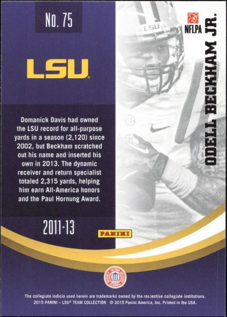 2015 Panini Lsu Team Collection Odell Beckham Jr. #75 football trading card back