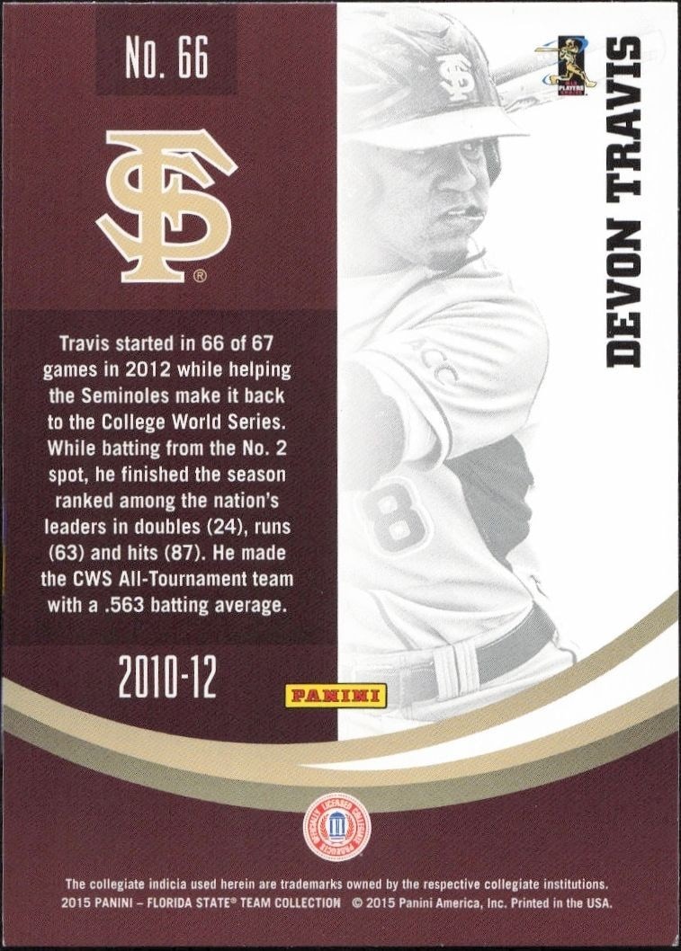 2015 Panini Florida State Team Collection Devon Travis #66 baseball trading card back