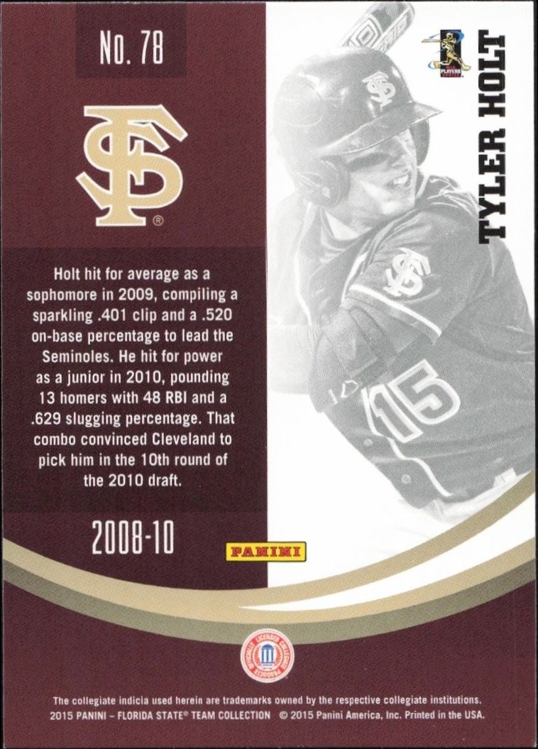 2015 Panini Florida State Team Collection Tyler Holt #78 baseball trading card back