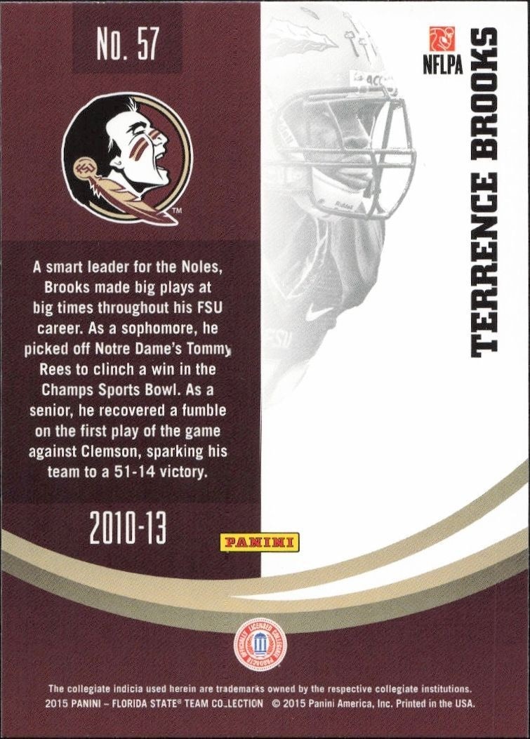 2015 Panini Florida State Team Collection Terrance Brooks #57 baseball trading card back