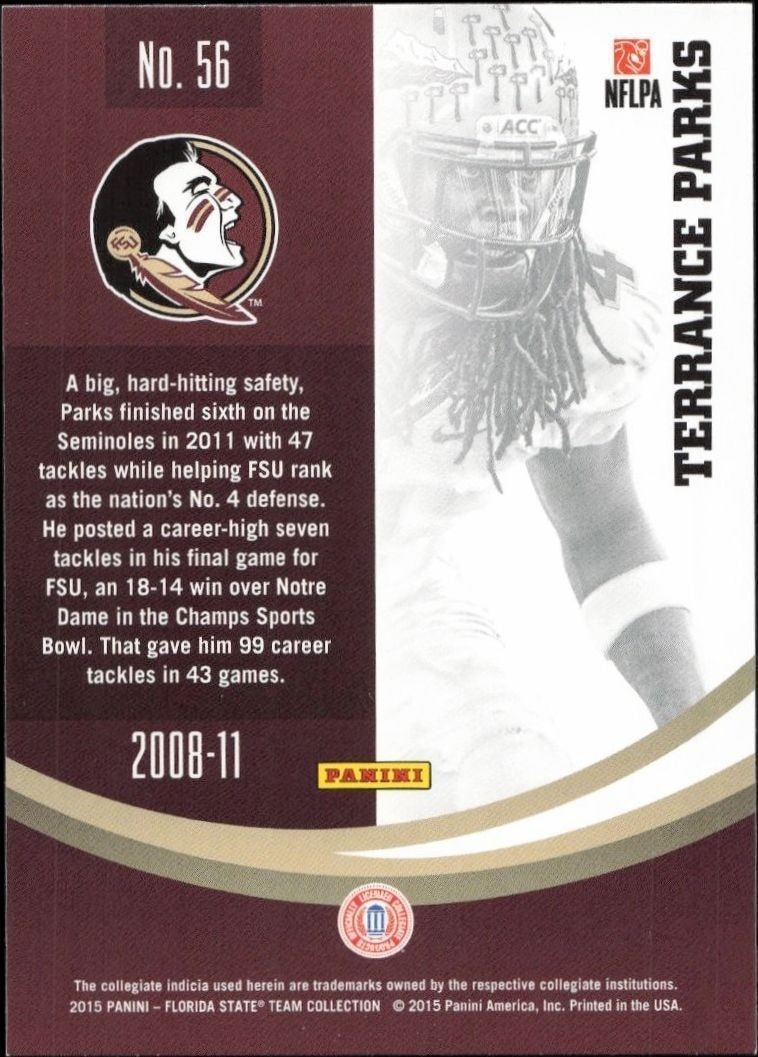2015 Panini Florida State Team Collection Terrance Parks #56 baseball trading card back