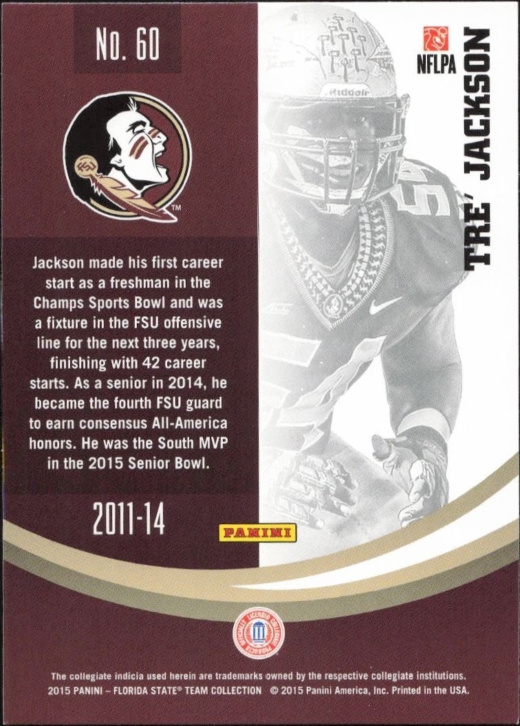 2015 Panini Florida State Team Collection Tre' Jackson #60 baseball trading card back