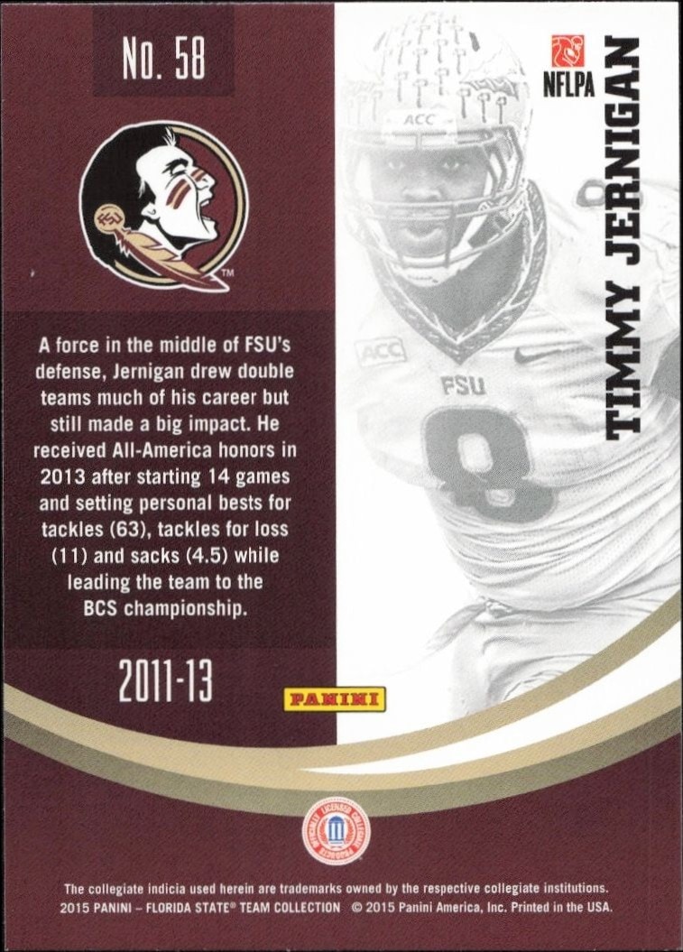 2015 Panini Florida State Team Collection Timmy Jernigan #58 baseball trading card back