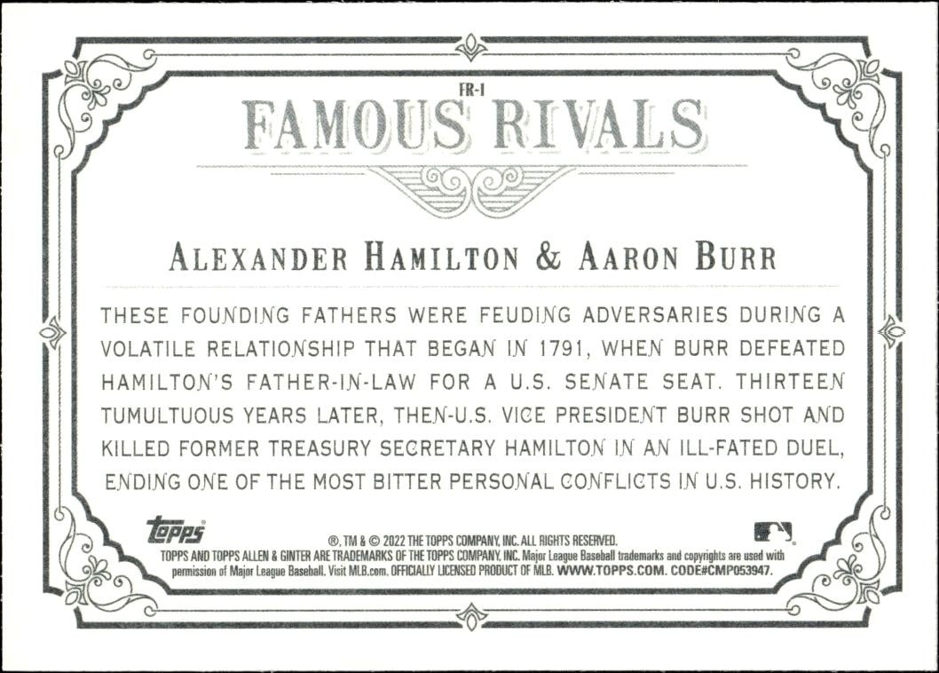 2022 Topps Allen & Ginter Alexander Hamilton #FR-1 baseball trading card back