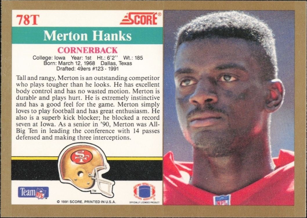 1991 Score Supplemental Merton Hanks #78T football trading card back