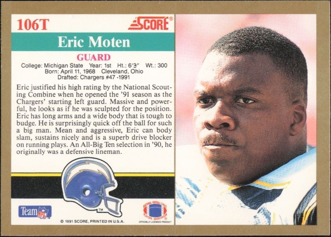 1991 Score Supplemental Eric Moten #106T football trading card back