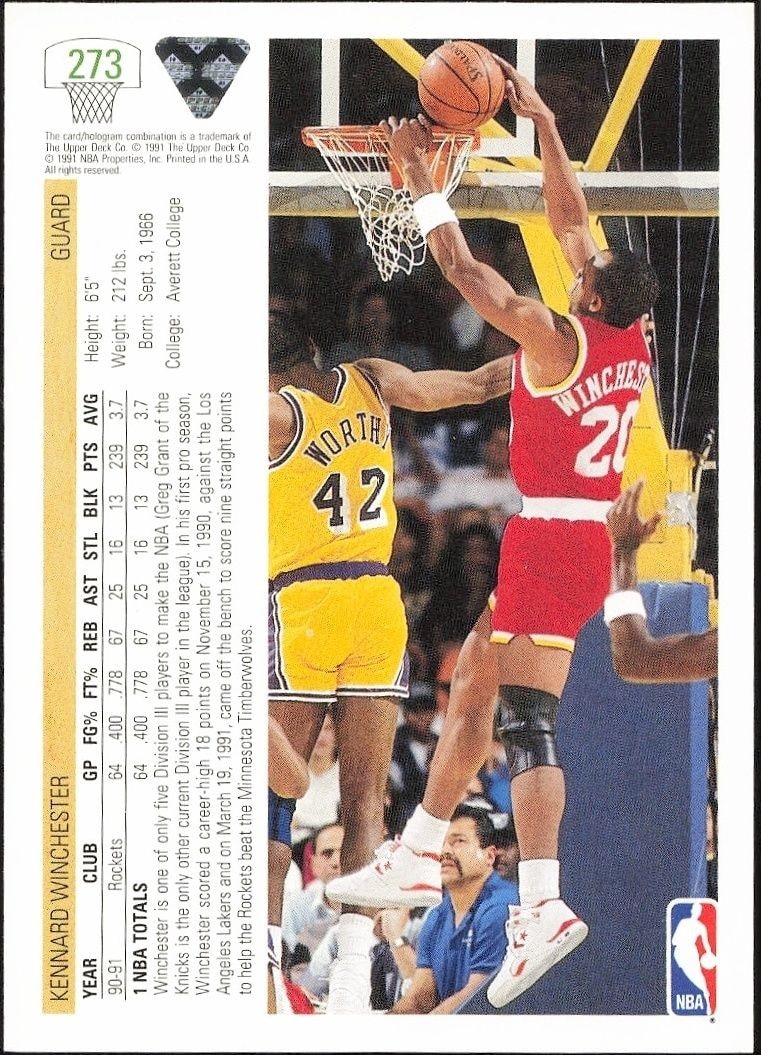 1991-92 Upper Deck Kennard Winchester #273 basketball trading card back