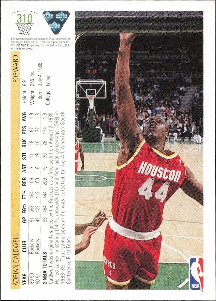 1991-92 Upper Deck Adrian Caldwell #310 basketball trading card back