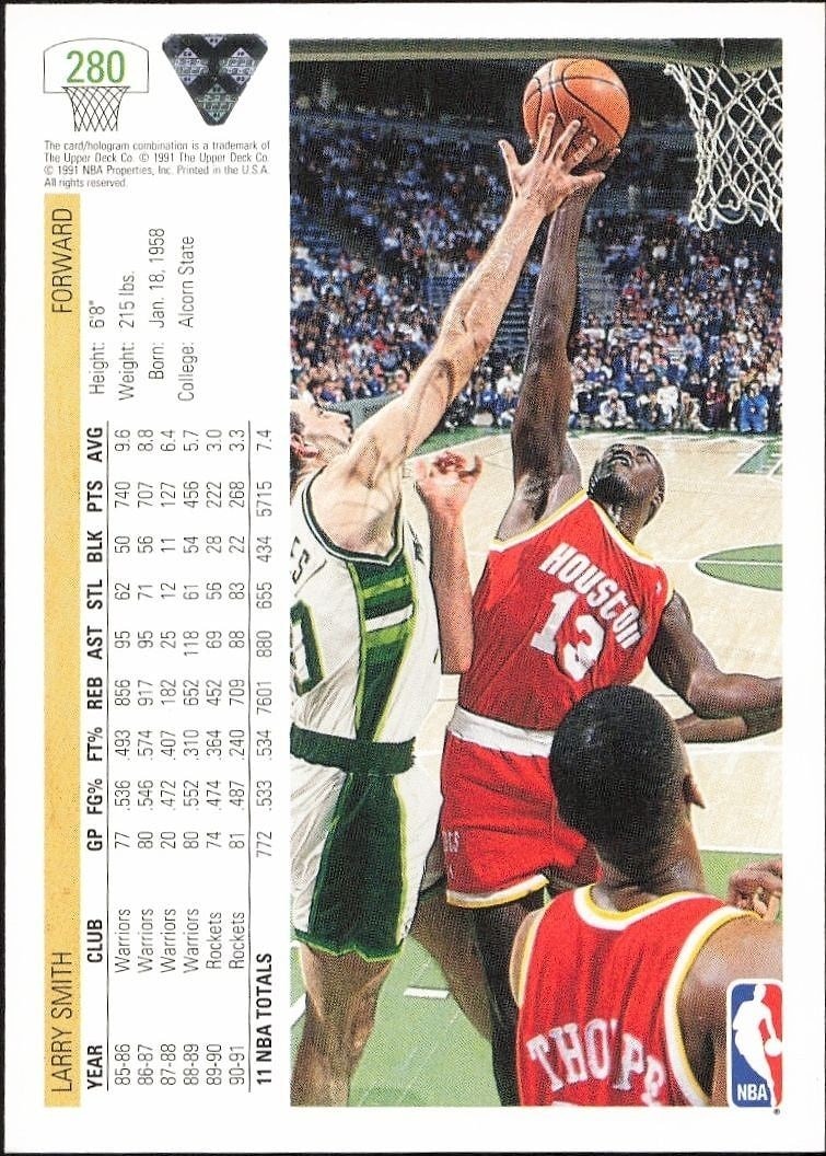 1991-92 Upper Deck Larry Smith #280 basketball trading card back