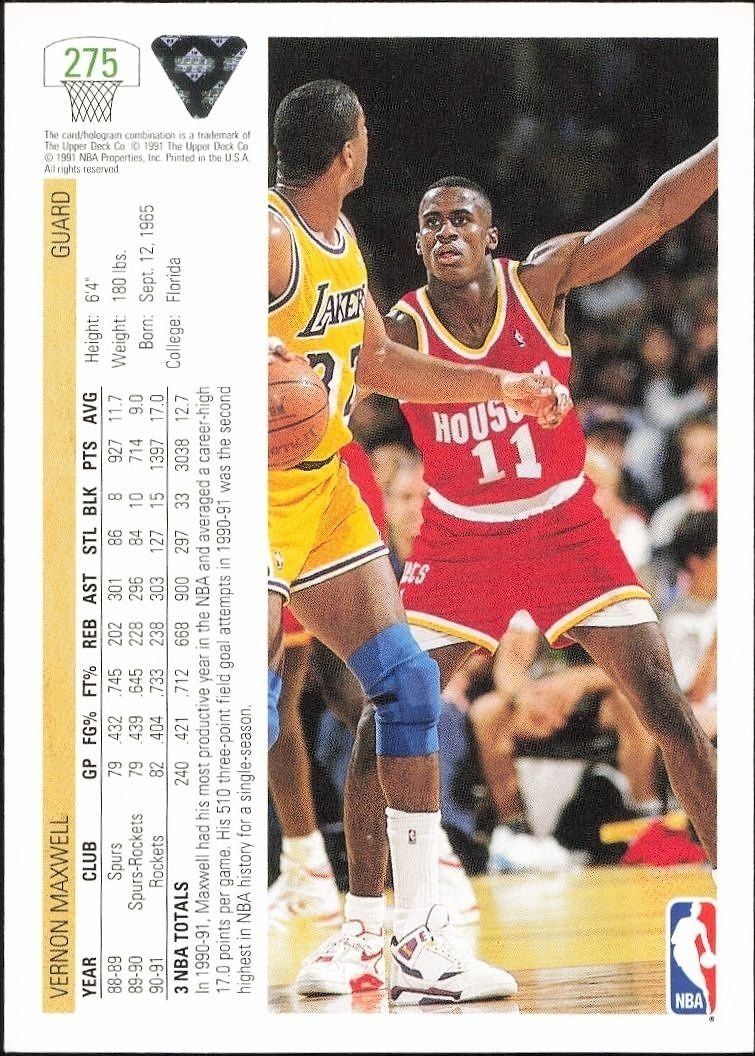 1991-92 Upper Deck Vernon Maxwell #275 basketball trading card back