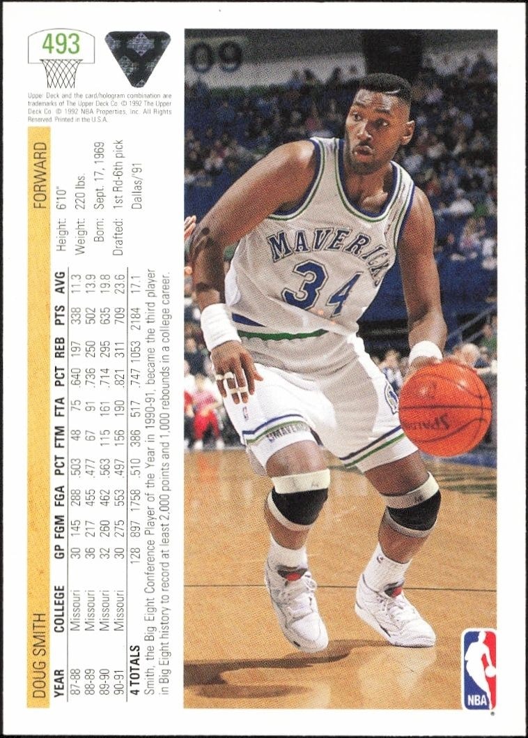 1991-92 Upper Deck Doug Smith #493 basketball trading card back