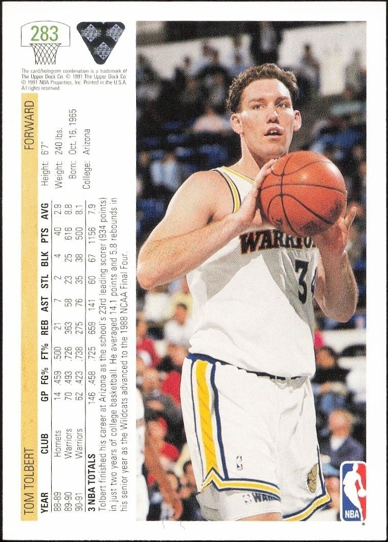 1991-92 Upper Deck Tom Tolbert #283 basketball trading card back
