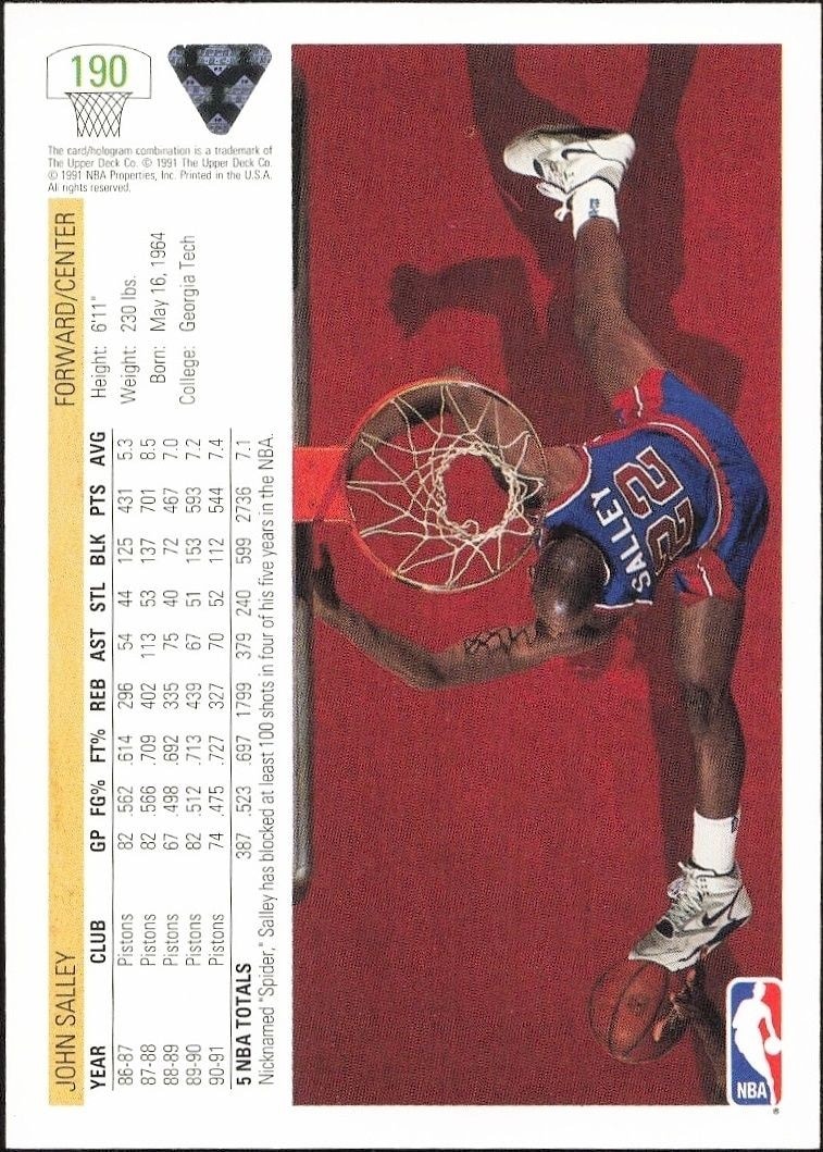 1991-92 Upper Deck John Salley #190 basketball trading card back