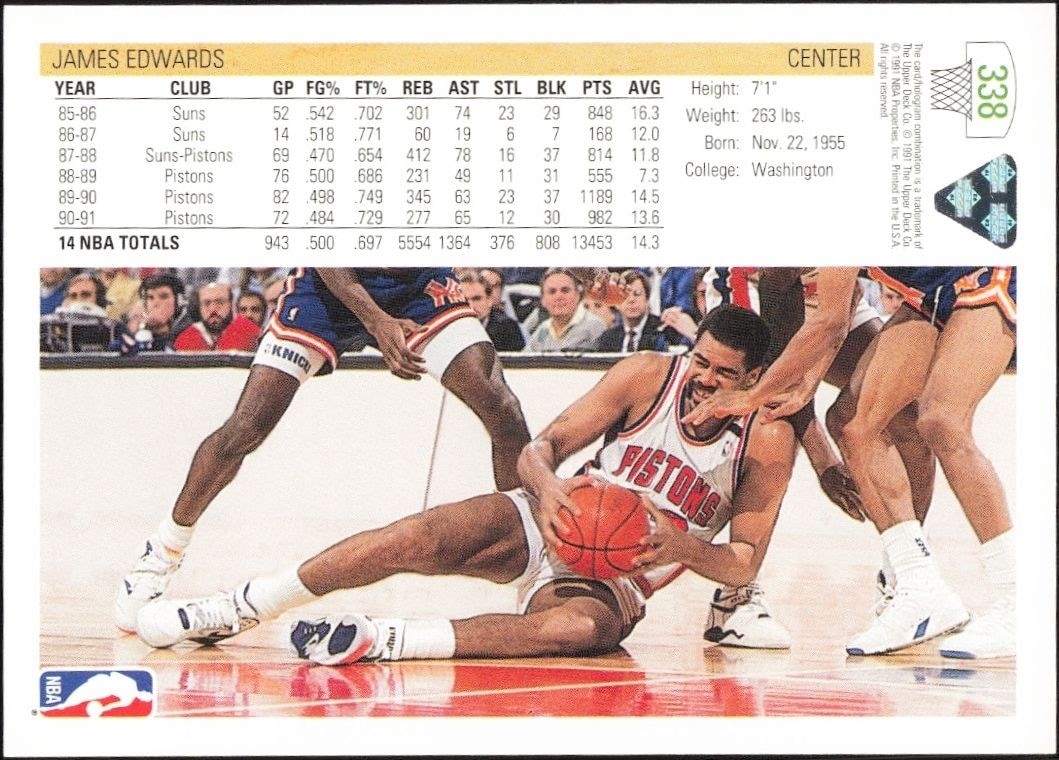 1991-92 Upper Deck James Edwards #338 basketball trading card back