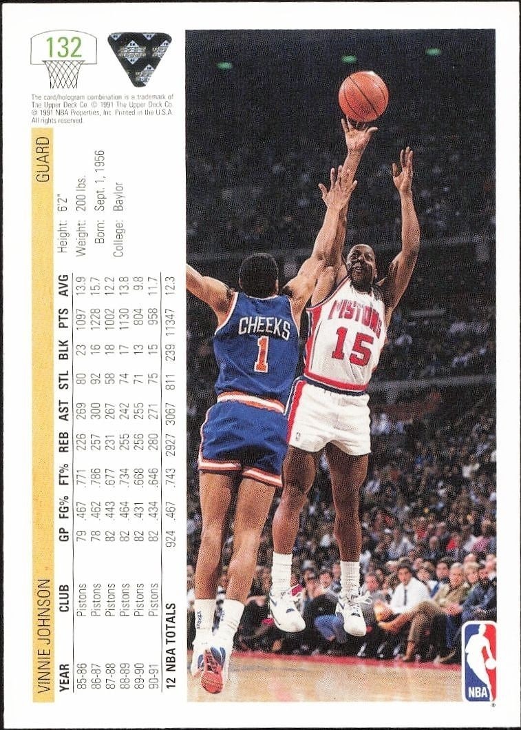 1991-92 Upper Deck Vinnie Johnson #132 basketball trading card back
