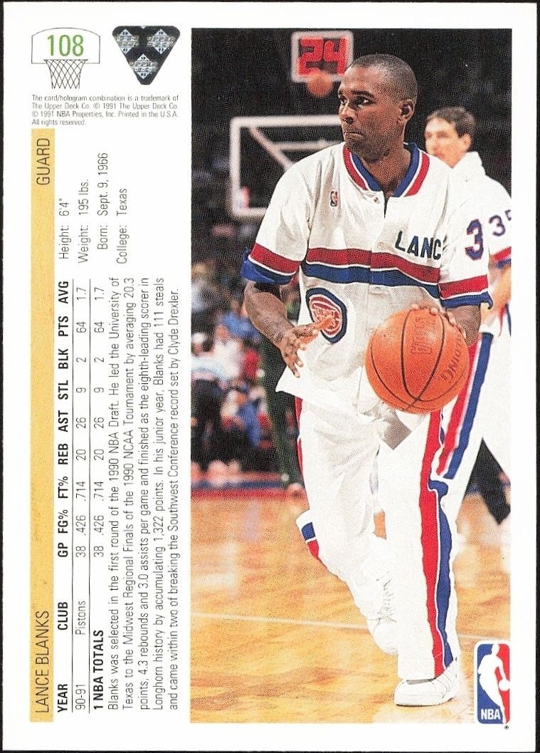 1991-92 Upper Deck Lance Blanks #108 basketball trading card back
