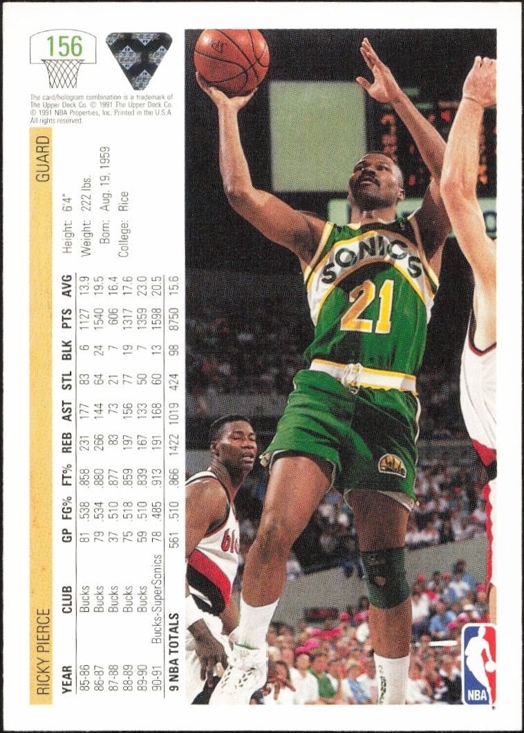 1991-92 Upper Deck Ricky Pierce #156 basketball trading card back