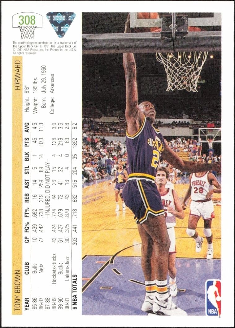 1991-92 Upper Deck Tony Brown #308 basketball trading card back