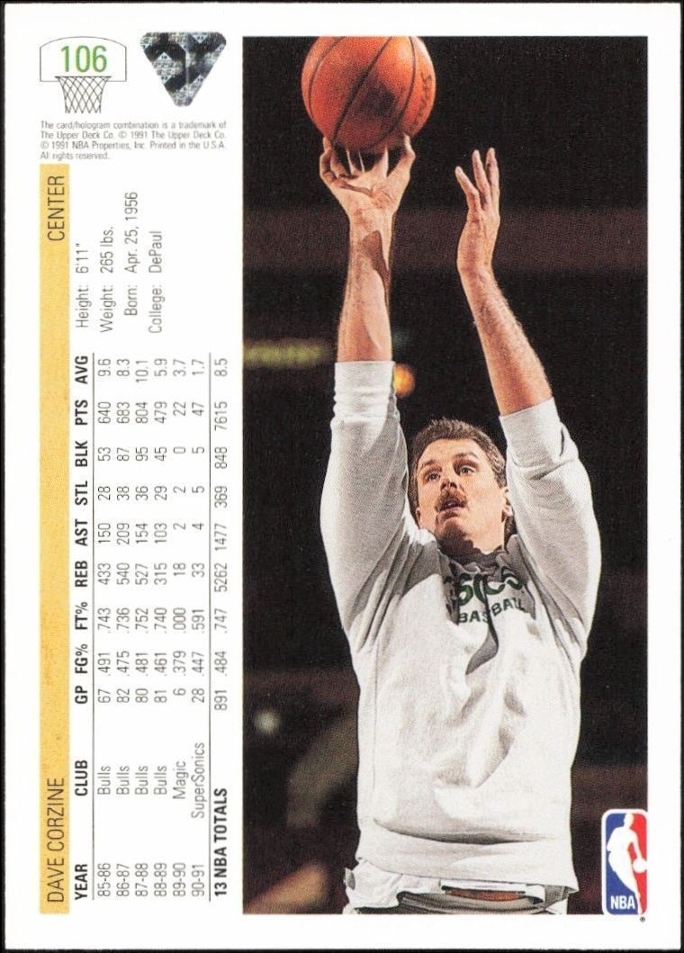 1991-92 Upper Deck Dave Corzine #106 basketball trading card back