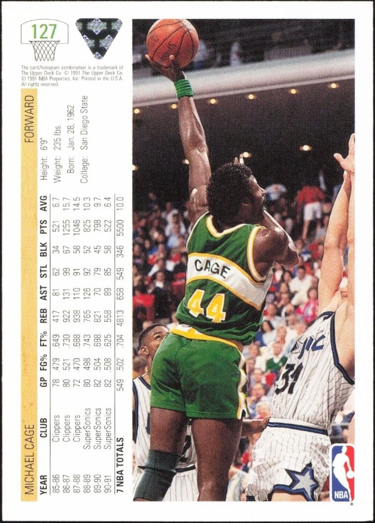 1991-92 Upper Deck Michael Cage #127 basketball trading card back
