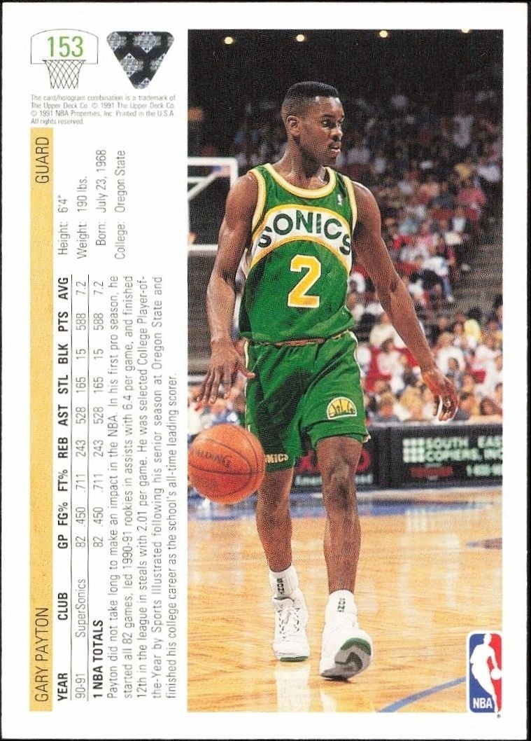1991-92 Upper Deck Gary Payton #153 basketball trading card back
