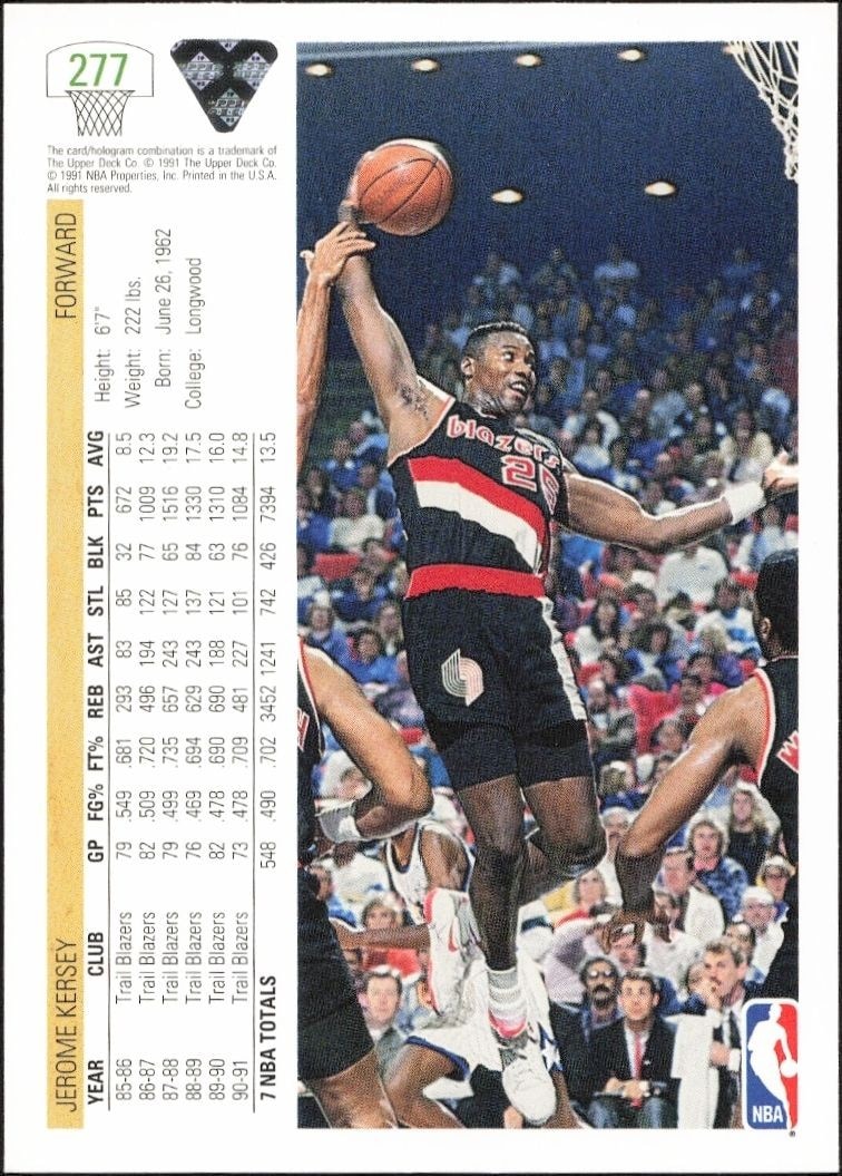 1991-92 Upper Deck Jerome Kersey #277 basketball trading card back