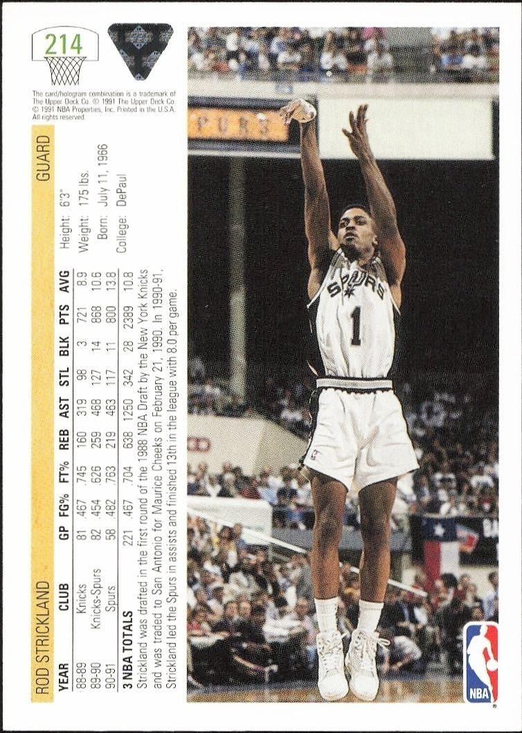 1991-92 Upper Deck Rod Strickland #214 basketball trading card back