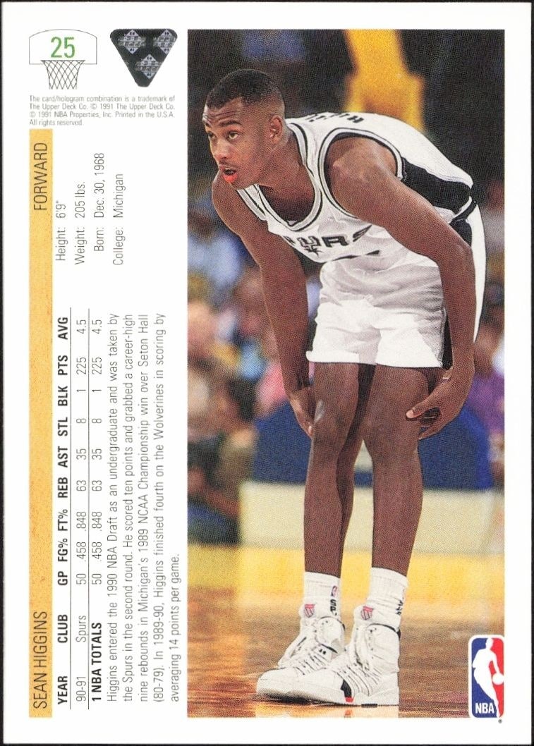 1991-92 Upper Deck Sean Higgins #25 basketball trading card back