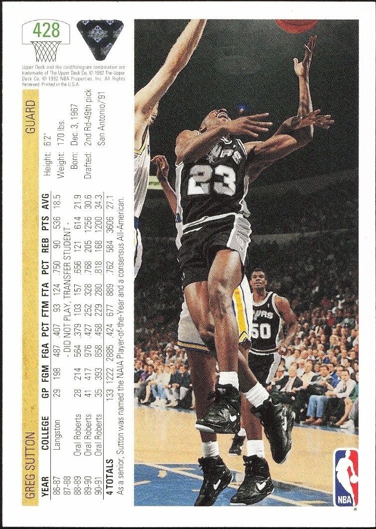 1991-92 Upper Deck Greg Sutton #428 basketball trading card back