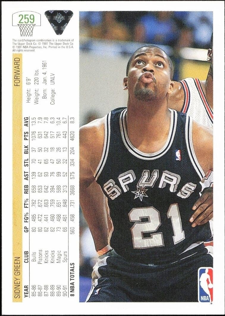 1991-92 Upper Deck Green Sidney Green #259 basketball trading card back
