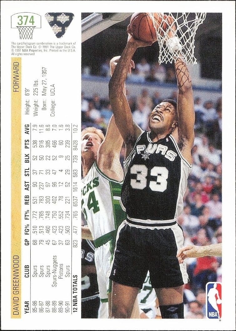 1991-92 Upper Deck David Greenwood #374 basketball trading card back