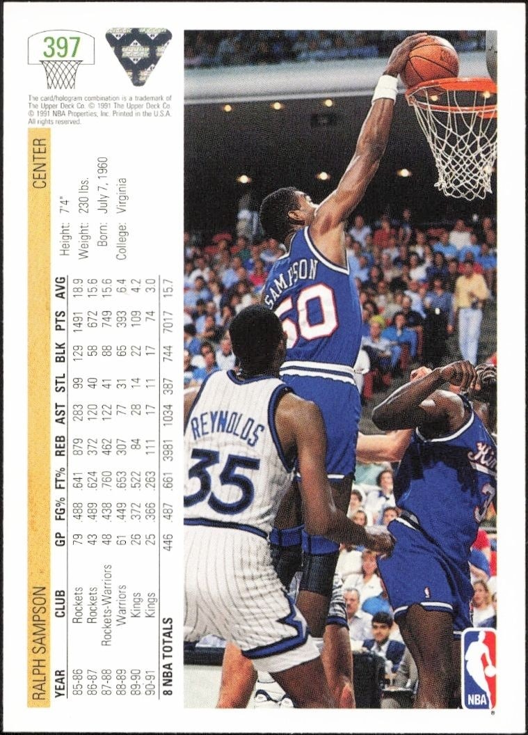 1991-92 Upper Deck Ralph Sampson #397 basketball trading card back