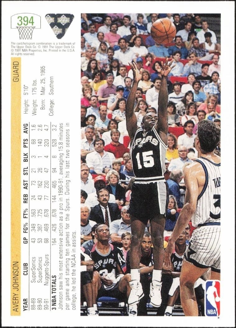 1991-92 Upper Deck Avery Johnson #394 basketball trading card back