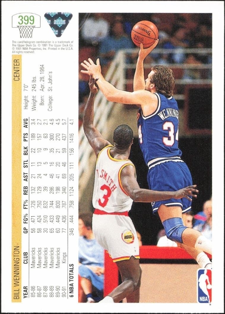 1991-92 Upper Deck Bill Wennington #399 basketball trading card back
