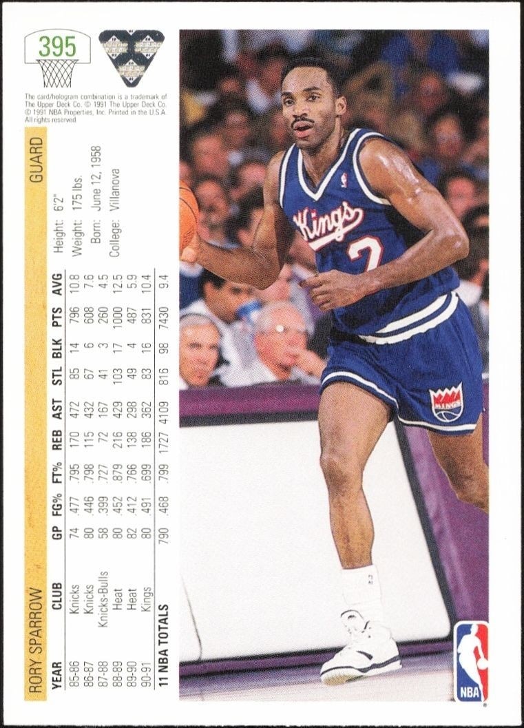 1991-92 Upper Deck Rory Sparrow #395 basketball trading card back