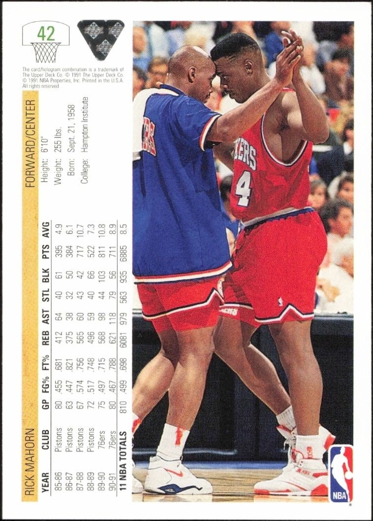 1991-92 Upper Deck Rick Mahorn #42 basketball trading card back