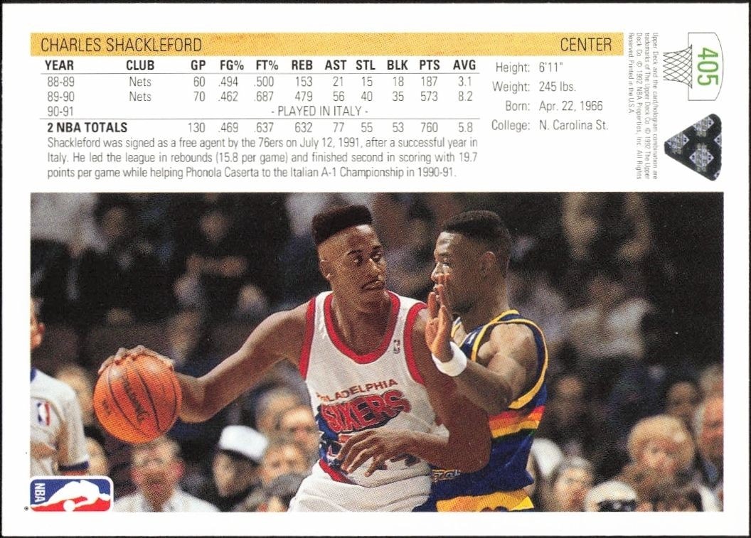 1991-92 Upper Deck Charles Shackleford #405 basketball trading card back