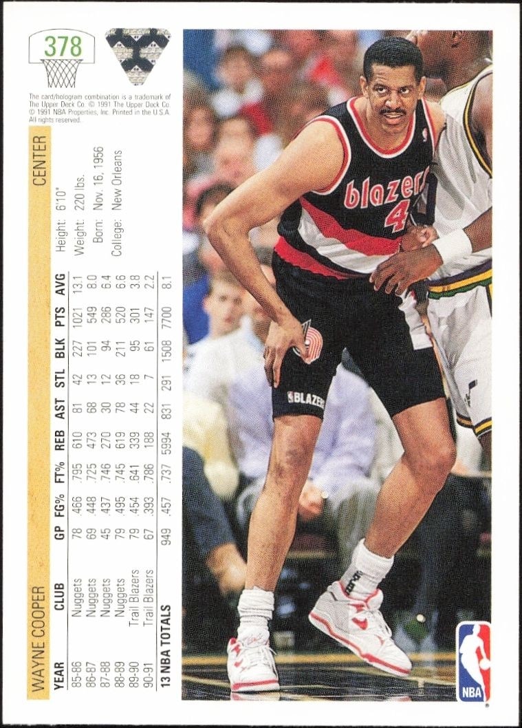 1991-92 Upper Deck Wayne Cooper #378 basketball trading card back