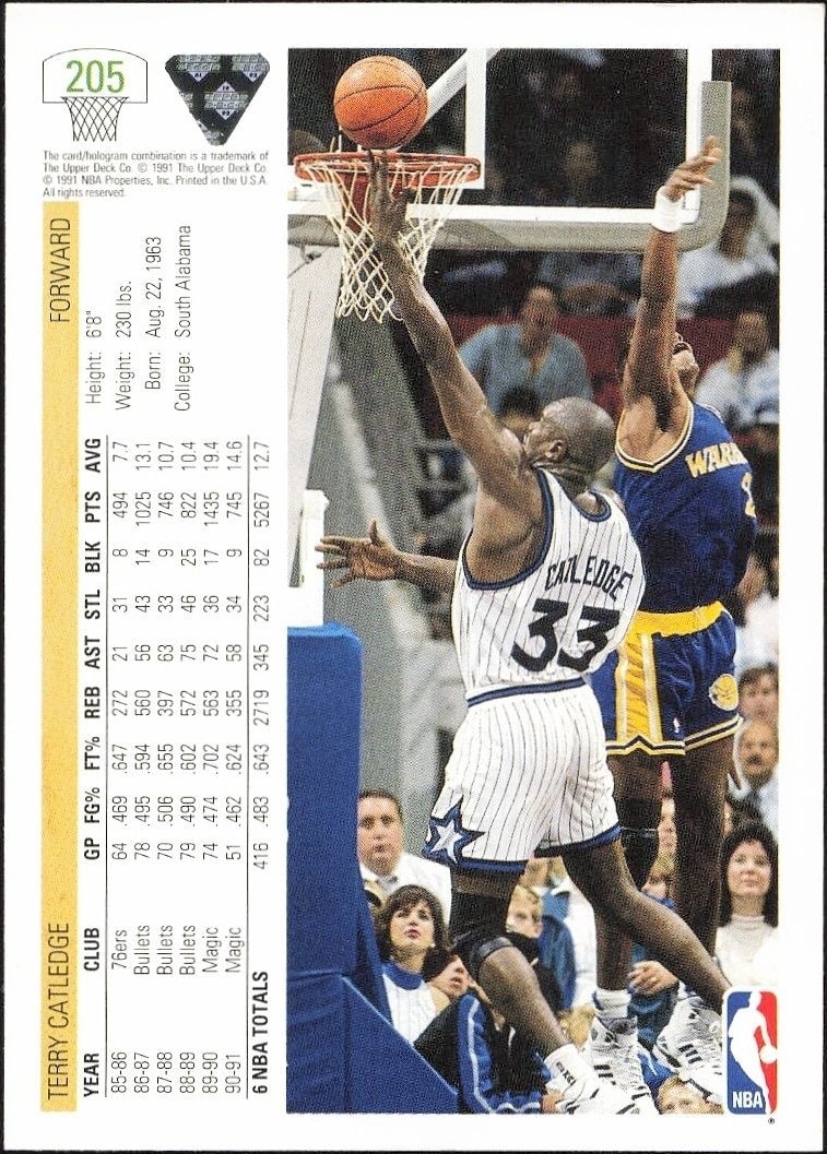 1991-92 Upper Deck Terry Catledge #205 basketball trading card back