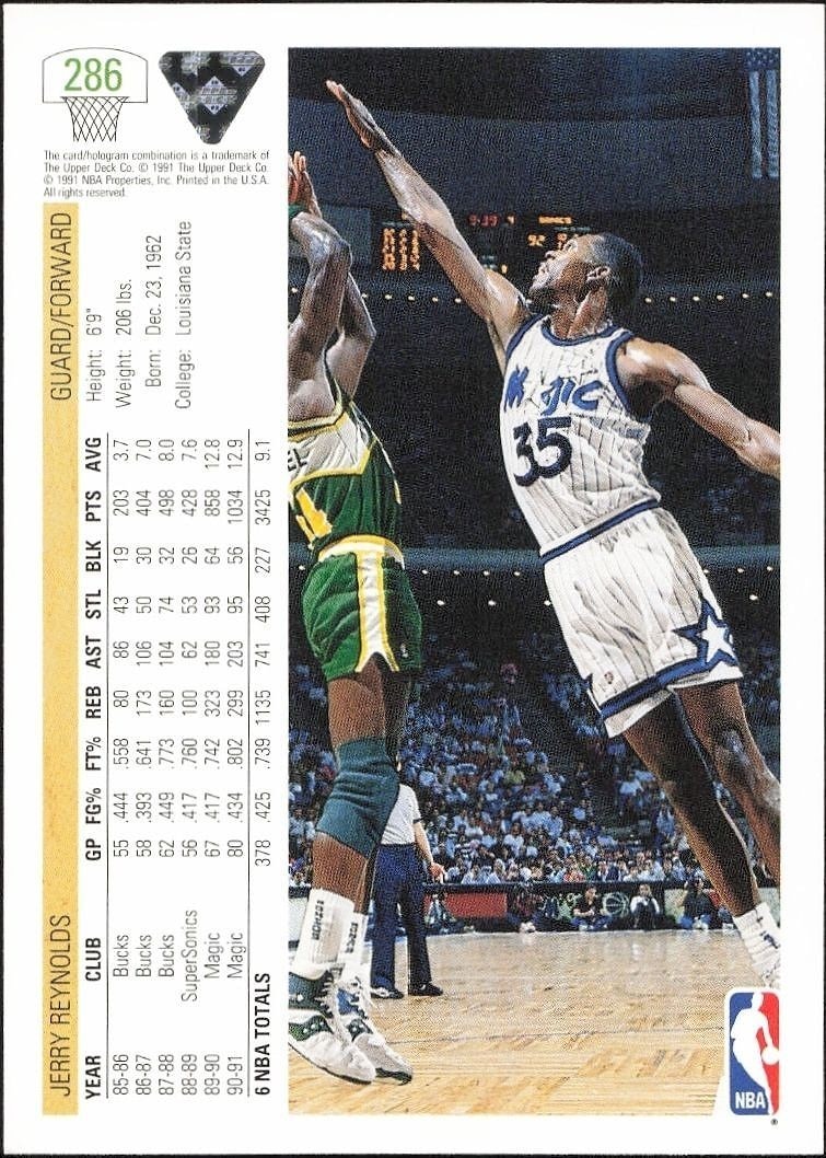 1991-92 Upper Deck Jerry Reynolds #286 basketball trading card back
