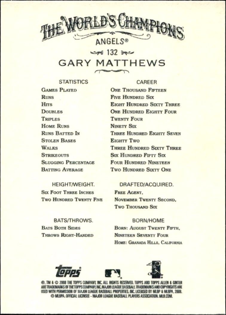 2008 Topps Allen & Ginter Gary Matthews #132 baseball trading card back