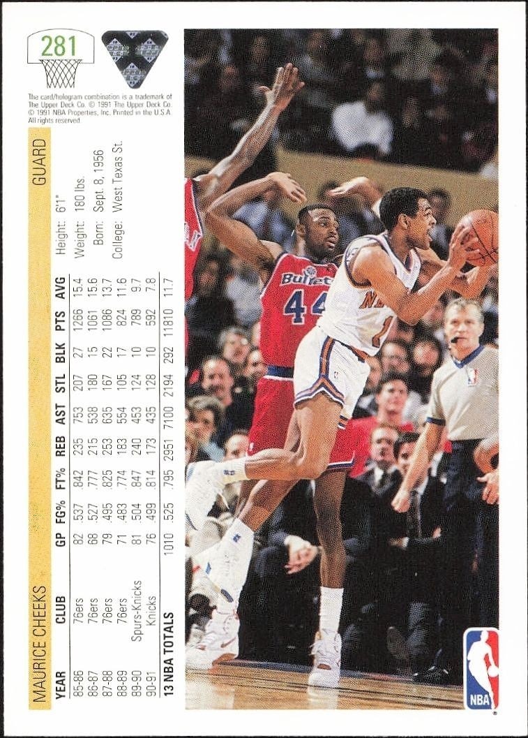 1991-92 Upper Deck Maurice Cheeks #281 basketball trading card back